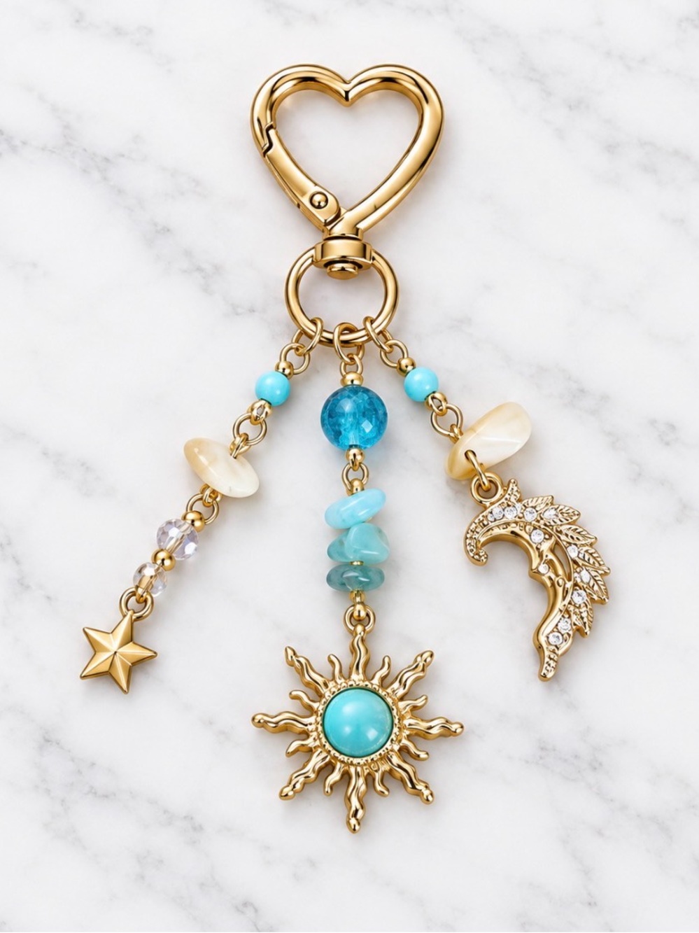 Bag Charm/Keyring-Sun & Moon Charms-Turquoise Beads Accents-Gold Hardware